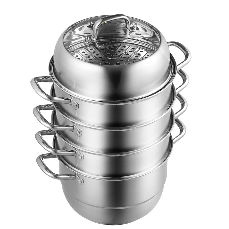VEVOR 5-Tier Stainless Steel Steamer Pot, Multi-Layer Cookware with Tempered Glass Lid and Handles, 13.78" L