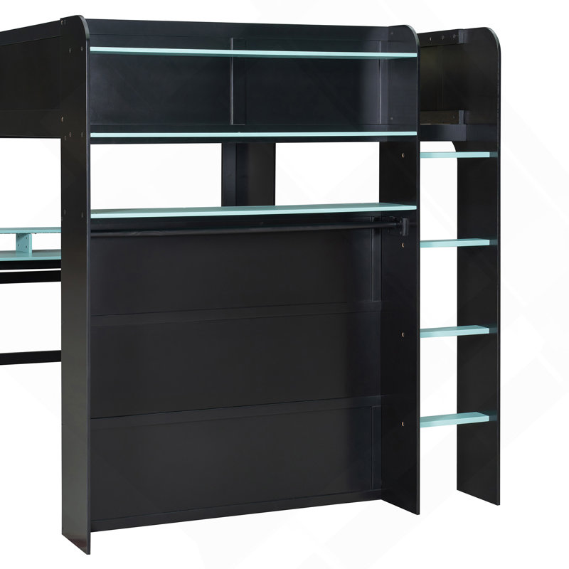 Lit superposé double avec bureau à hauteur réglable, garde-robe, grand espace de rangement et lumières RVB, bleu, Noir / Bleu