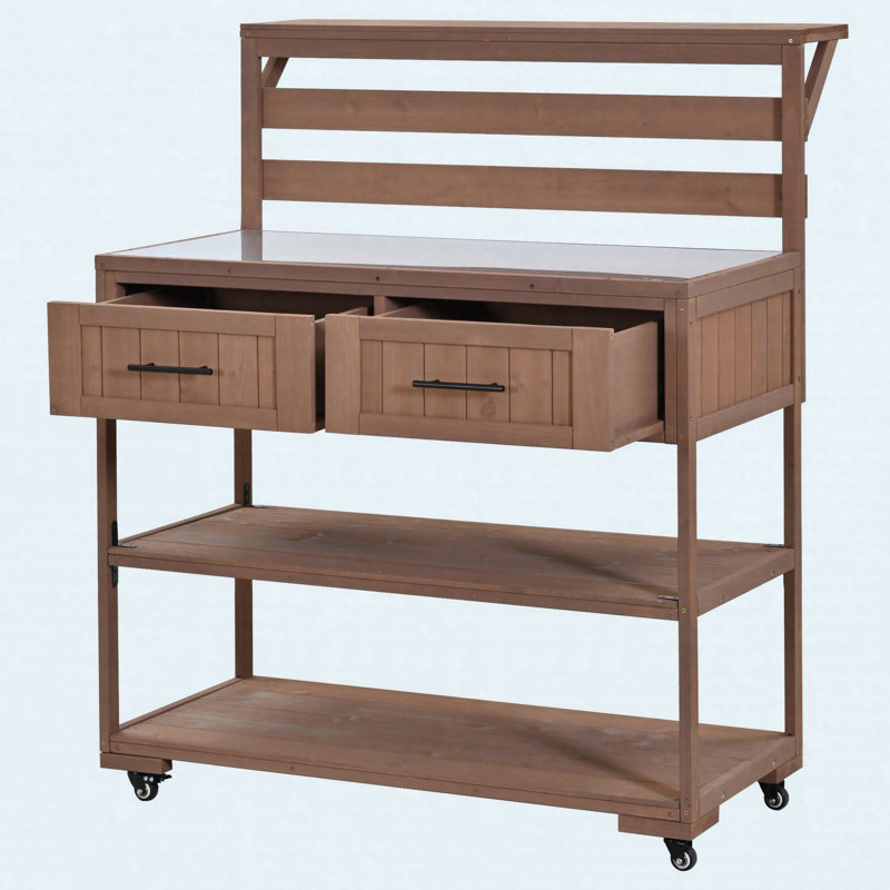 Chariot de cuisine en bois massif pour îlot de cuisine 62,3 po avec plateau en acier inoxydable, banc de jardin avec tablette surélevée et tiroirs, table de préparation pour barbecue, fête