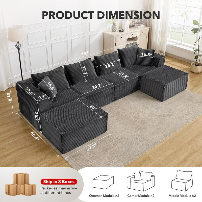 Canapé modulaire Boneless, Gris, 4, H 31,5 po x l 141 po x P 65,8 po