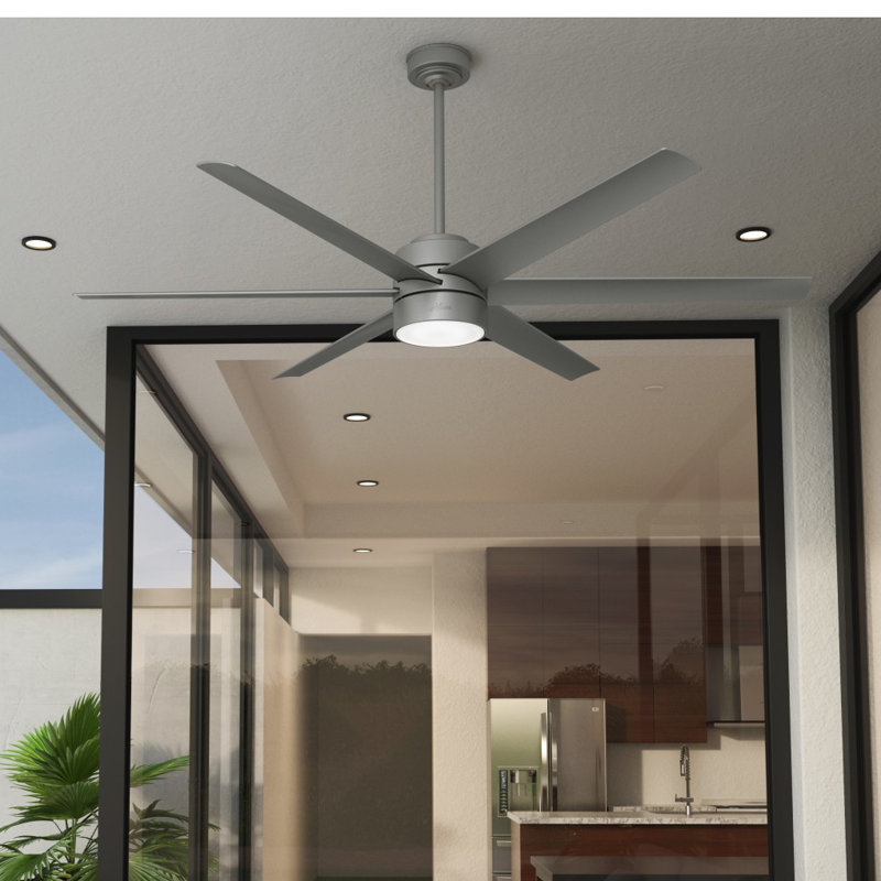 72" Solaria 6 - Blade Outdoor Standard Ceiling Fan with Wall Control and Light Kit Included, Matte Silver