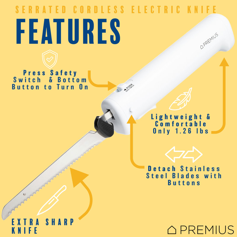 Couteau électrique professionnel rechargeable sans fil PREMIUS, 1 lame dentelée, blanc