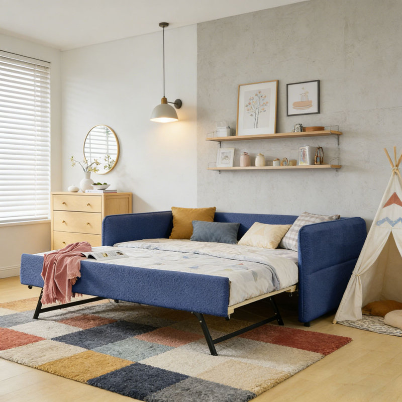 Boucle Fabric Daybed, Full1, Blue-Trundle