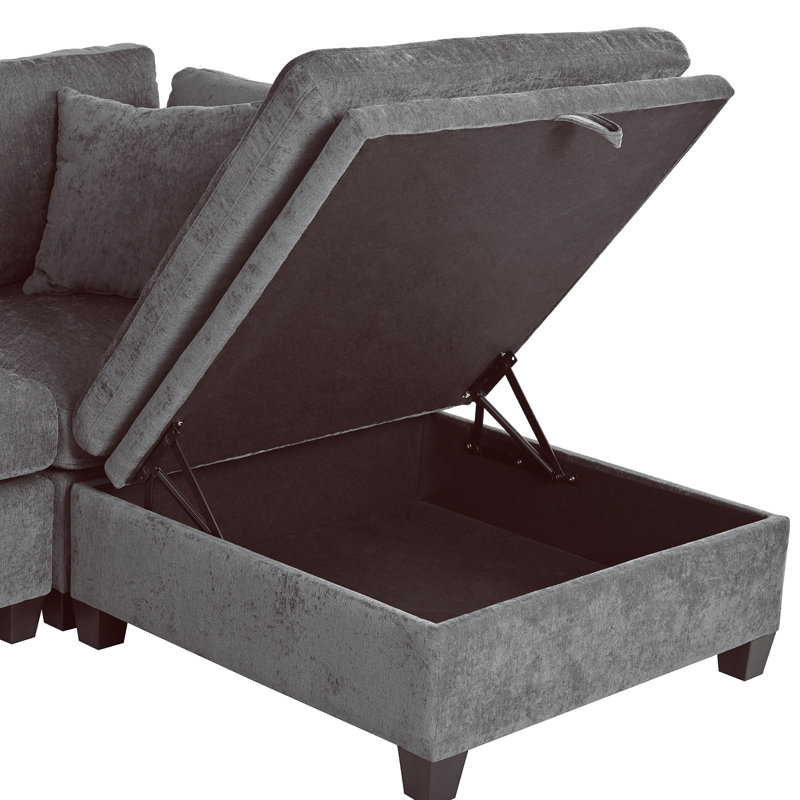 Canapé rembourré modulaire avec repose-pieds de rangement amovible, Coton gris