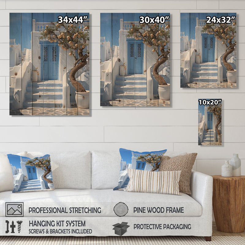 Grèce Cycladic Harmony I - impression de paysages urbains sur bois de pin naturel, H 40 po x l 30 po x P 0,78 po