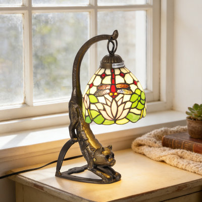 15.4"H Whimsical Cat Dragonfly Stained Glass Table Lamp With Cat Base