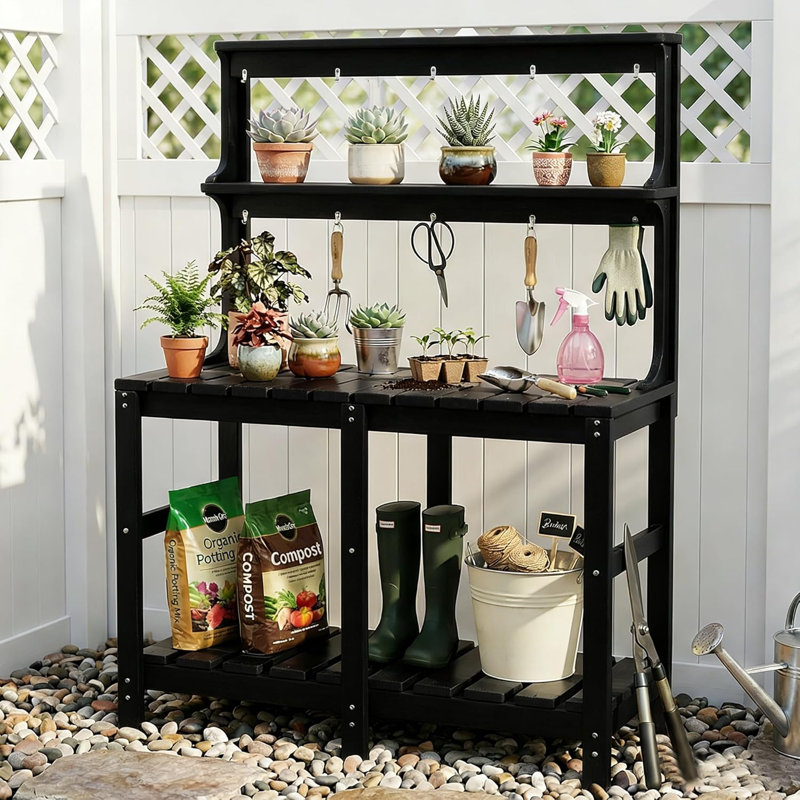 Outdoor Potting Bench With 3 Tier, All-Weather Patio Potting Table With Tool Hooks, HDPE Gardening Table For Backyard, Garden, Grey