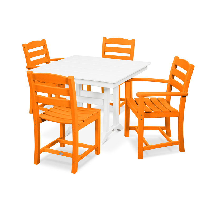 POLYWOOD La Casa Café 5-Piece Farmhouse Dining Set with Trestle Legs, Tangerine/White