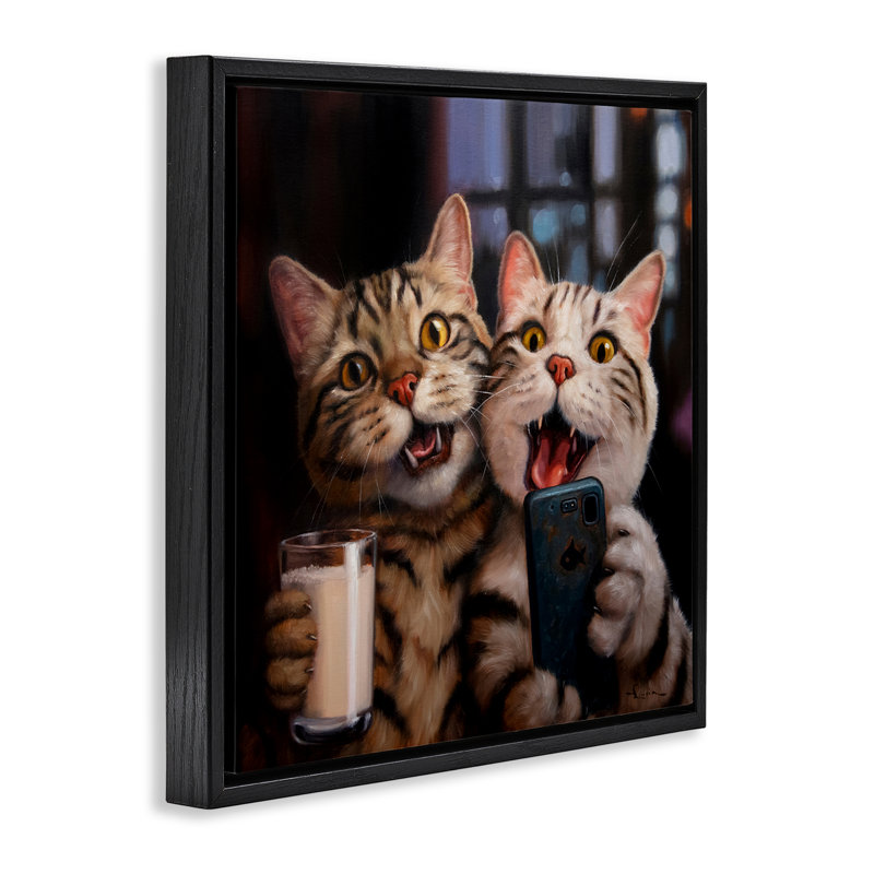 «Happy Selfie Cats», art mural encadré noir par Lucia Heffernan, Cadre flottant noir de jais, H 25 po x l 25 po