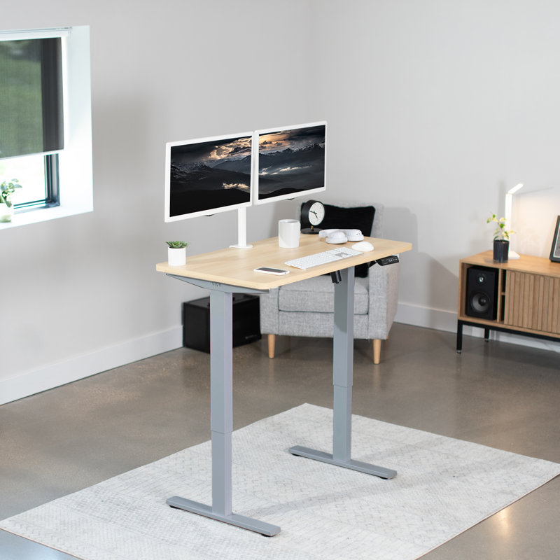 VIVO Single Motor Electric Desk with Push Button Memory Controller, 48.5" H x 43" W x 24" D, Light Wood/Gray