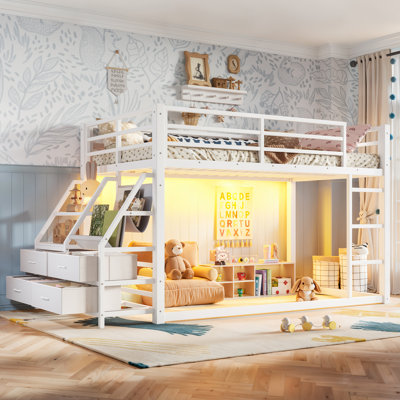 Twin over Twin Bunk Bed 89.37x41.73x50.39 inches Engineered Wood and Metal Single Piece Bunk Bed Black with Storage Shelves Drawers and LED Lights