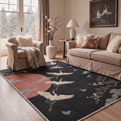 Tapis oriental noir / rouge lavable à la machine avec envers antidérapant