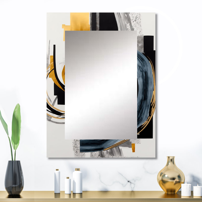 Glam doré et noir Expression II - grand miroir à spirales abstraites, décor de miroir mural noir unique, impression d'art en métal