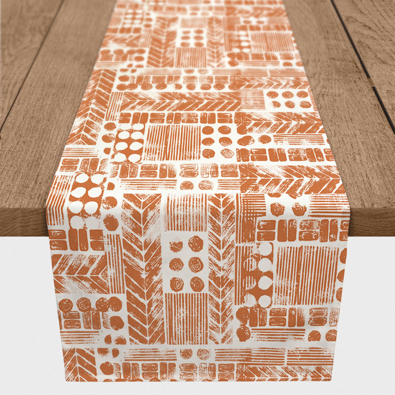 Chemin de table aztec tribal stamp Harvir, 72 po x 16 po, Orange