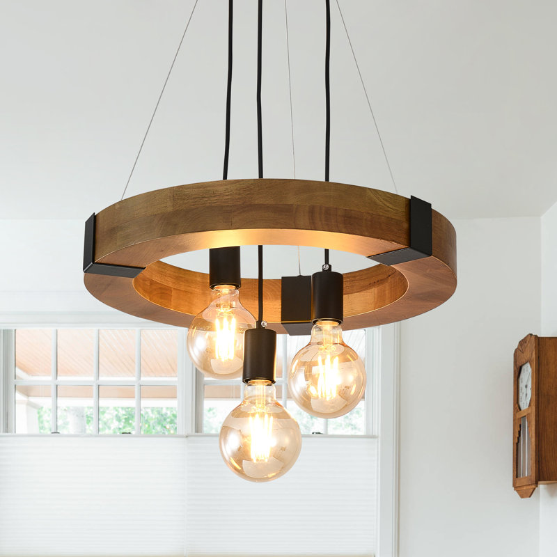 Rustic Wood & Black Metal Circular Pendant Light, 3-light Industrial Farmhouse Chandelier With Vintage Edison Bulbs, Adjustable Hanging Ceiling Light For Dining Room Living Room Kitchen Island (bulbs Not Included)