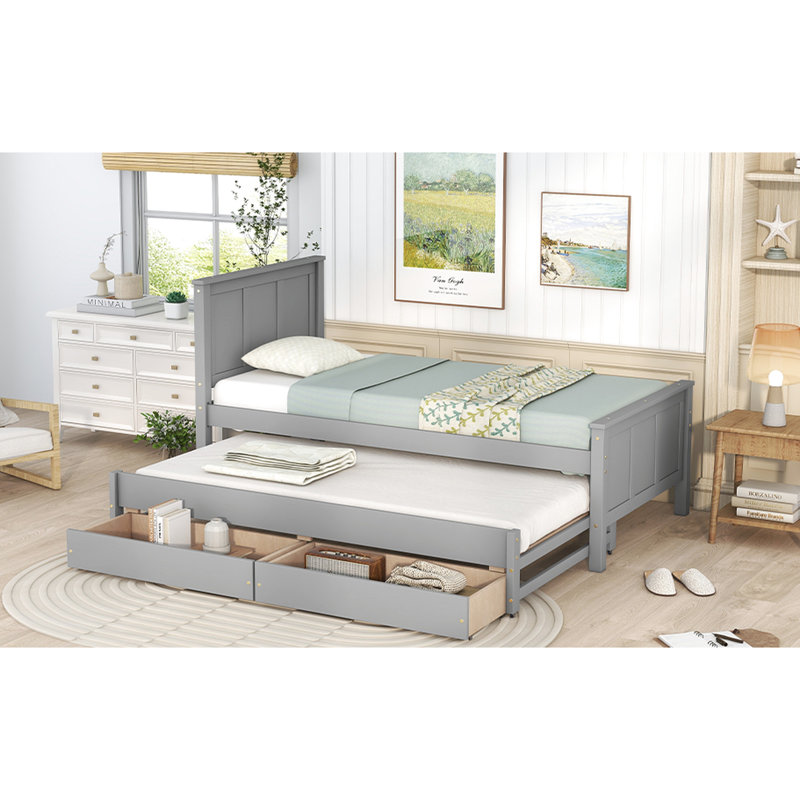 Lit simple avec tiroirs et lit gigogne gris, Gris