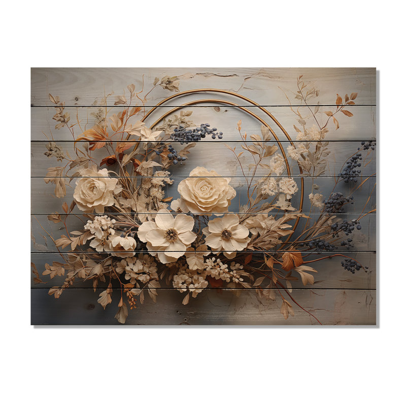 «Farmhouse Wreath Still Life», art mural en bois sur bois de pin naturel, H 24 po x l 32 po