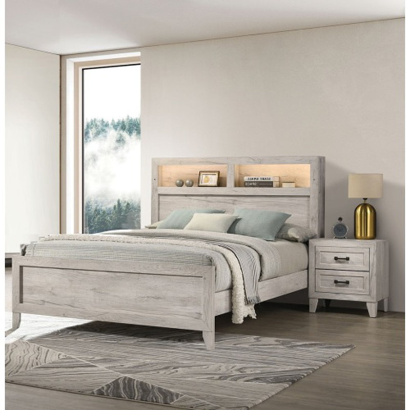Ensemble de chambre à coucher 3 pièces: lit avec tablette et 2 tables de chevet - plateau en mélamine blanc délavé, Grand lit