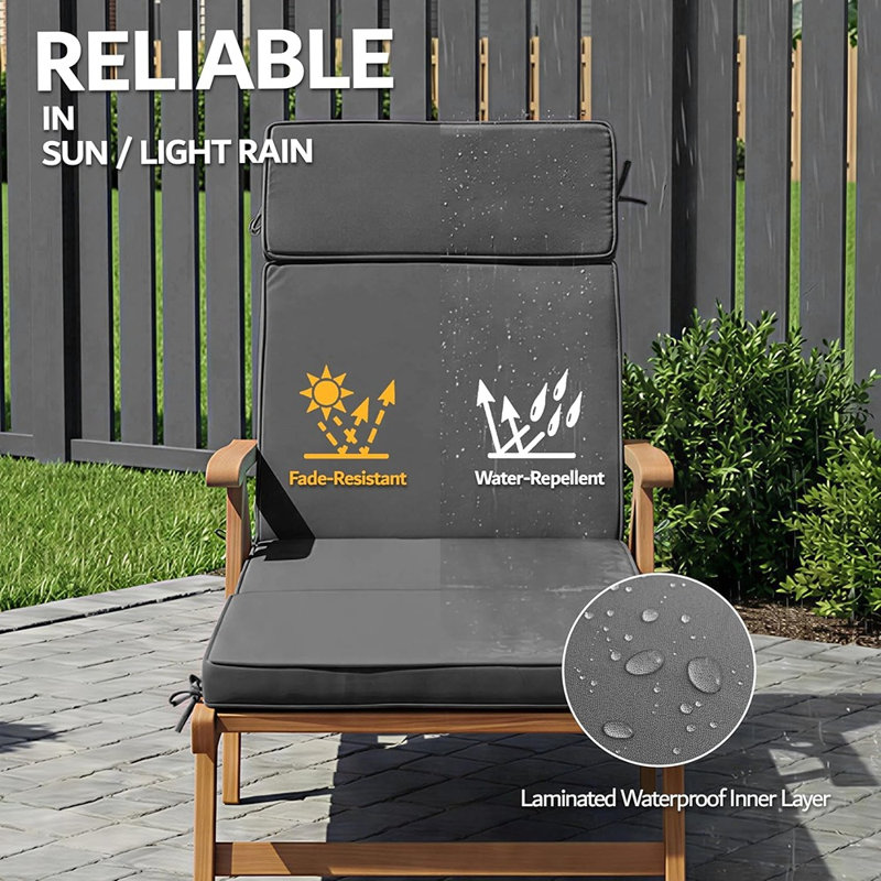 Outdoor Chaise Lounge Cushions Set Of 2, Removable Cover Water-repellent Fade-resistant Patio Pool Chair Cushions With 6 Ties, Dark Grey