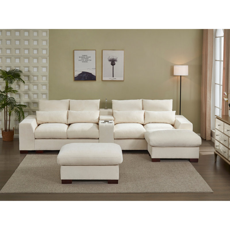 Canapé modulaire à 6 places beige avec console, charge, lecture, porte-gobelets, microfibre, structure en bois massif, profondeur de 128 po, largeur de 65 po, hauteur de 37,78 po, poids de 303,48 lb, lampe, hauteur