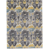 Wool Damask Area Rug in Dark Gray/Yellow