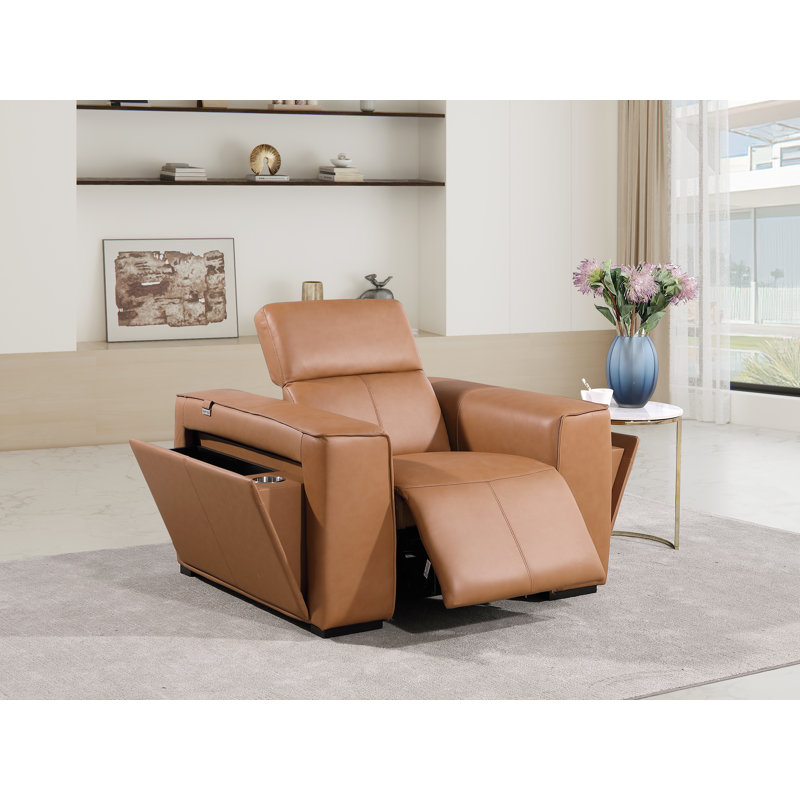 Top Grain Italian Leather Power Reclining Arm Chair with Power Headrests, Cognac Genuine Leather