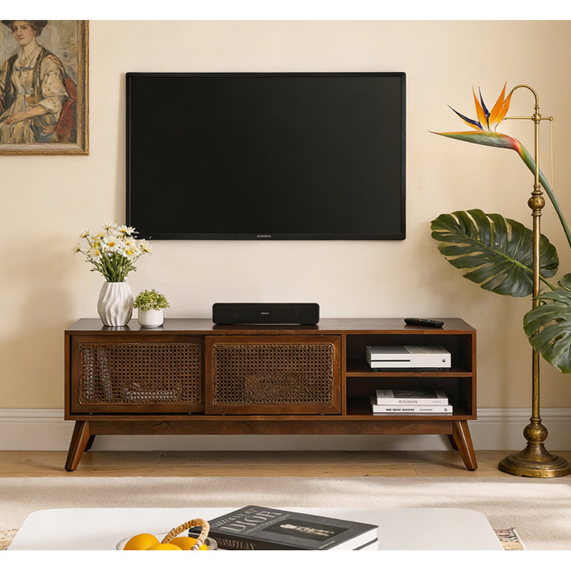 Vintage Rattan TV Stand for 65 Inch TV with Storage & Adjustable Feet, Walnut