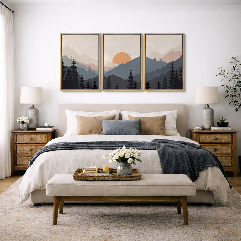 Sun Mountain Landscape "Tranquil Orange Sunset Layered Hills Artwork, Modern Abstract Cabin Wall Pictures, Framed Canvas Giclée Print 3 Pieces Wall Art" 16"x24"x3 pcs, 24"x36"x3 pcs