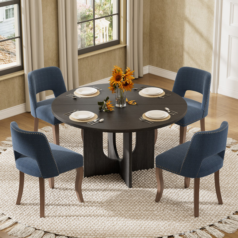 Ensemble de salle à manger de style campagnard 5 pièces, table antique noire avec 4 chaises en tissu pour la cuisine et la salle à manger