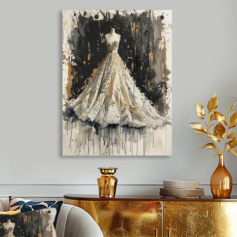 Illustration de robe de mode glamour dorée et noire II - décoration murale tendance, Sans cadre, métal, H 32 po x l 16 po