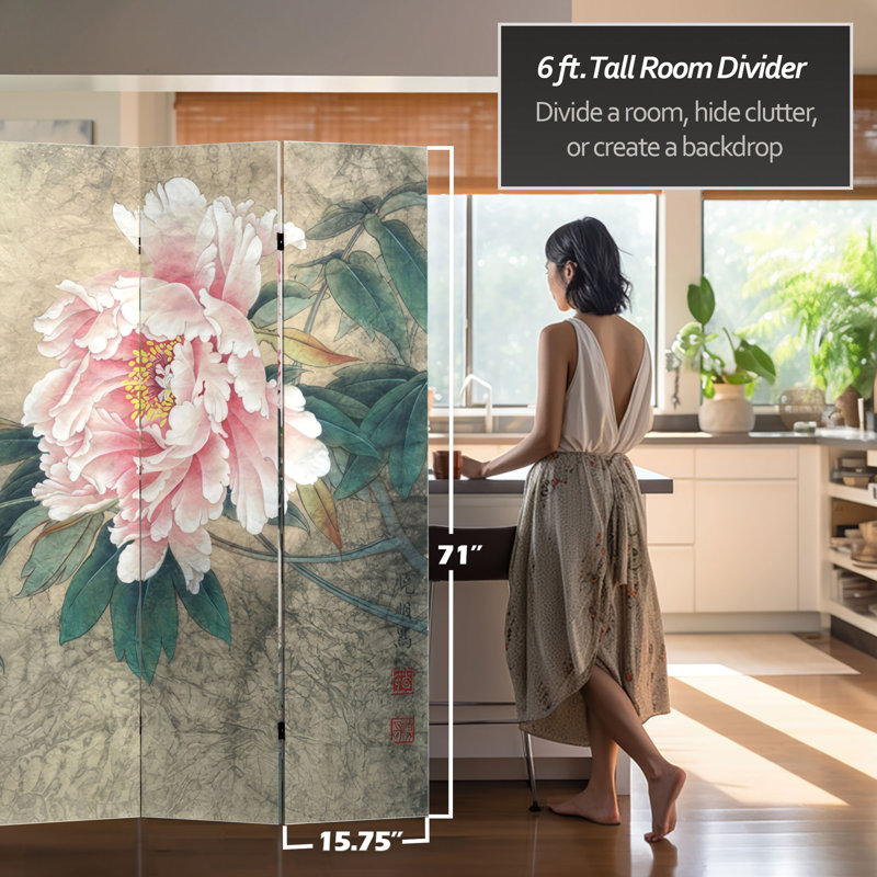 6 Ft. Tall Double Sided Birds And Plum Blossoms Canvas Room Divider, Doves and Peonies