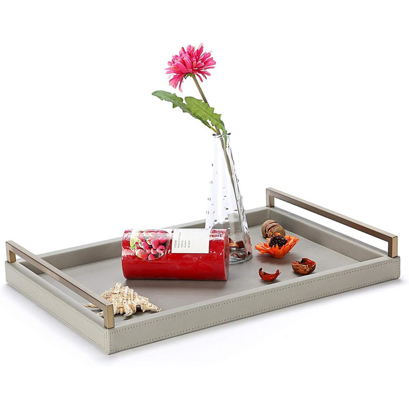 Grey Faux Leather Decorative Tray Serving Tray For Coffee Table Console Table With Matt Gold Stainless Steel Handles