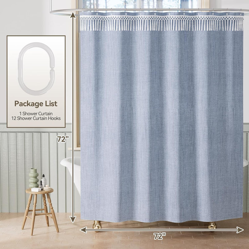 Rideau de douche Farmhouse avec pampilles supérieures, tissu en faux lin, comprend 12 crochets, Bleu