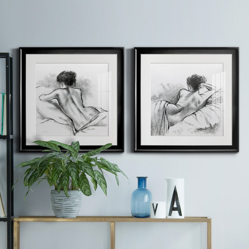 Doux dimanche I - ensemble de 2 reproductions de dessins encadrés, Noir, H 17,5 po x l 35 po x P 1,5 po
