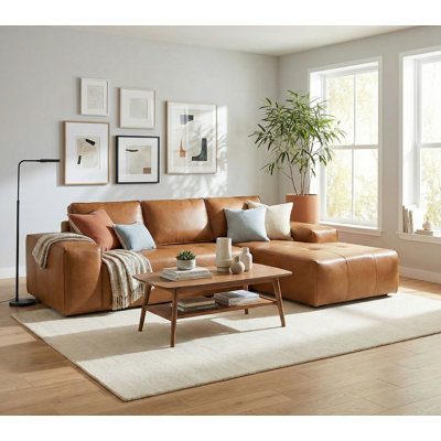 114" Caramel Leather Sectional Sofa Couch, No Assembly Required