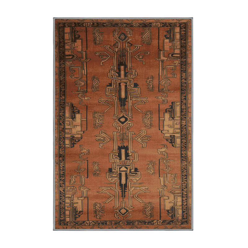 Machine Washable Art Deco Brown Area Rug, Rectangle 5' x 8'