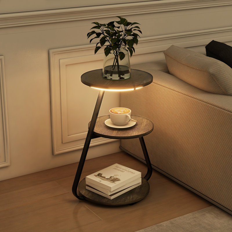 Modern 3-Tier Round Bedside Table with Adjustable LED Lighting, Small Accent Storage Table for Sofa Side & Lounge, Grey