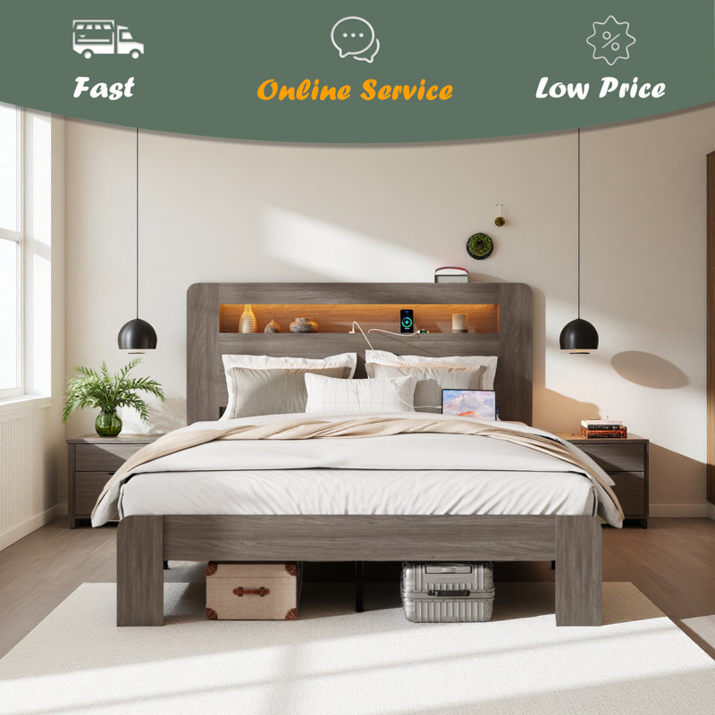 Structure de lit plateforme en bois avec tête de lit à DEL avec rangement et 2 ports USB, silencieux, aucun sommier nécessaire et outil d'assemblage facile, grand rangement sous le lit
