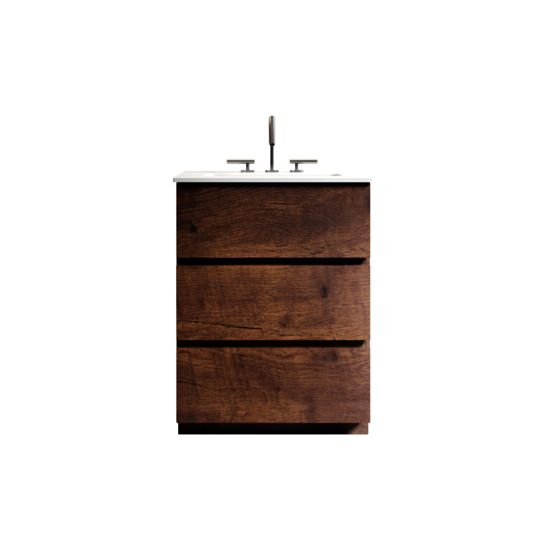Meuble-lavabo de 24 po en noyer avec lavabo et 3 trous de robinet, grand meuble-lavabo autoportant pour salle de bain moderne, lavabo une pièce blanc sans bonde ni robinet