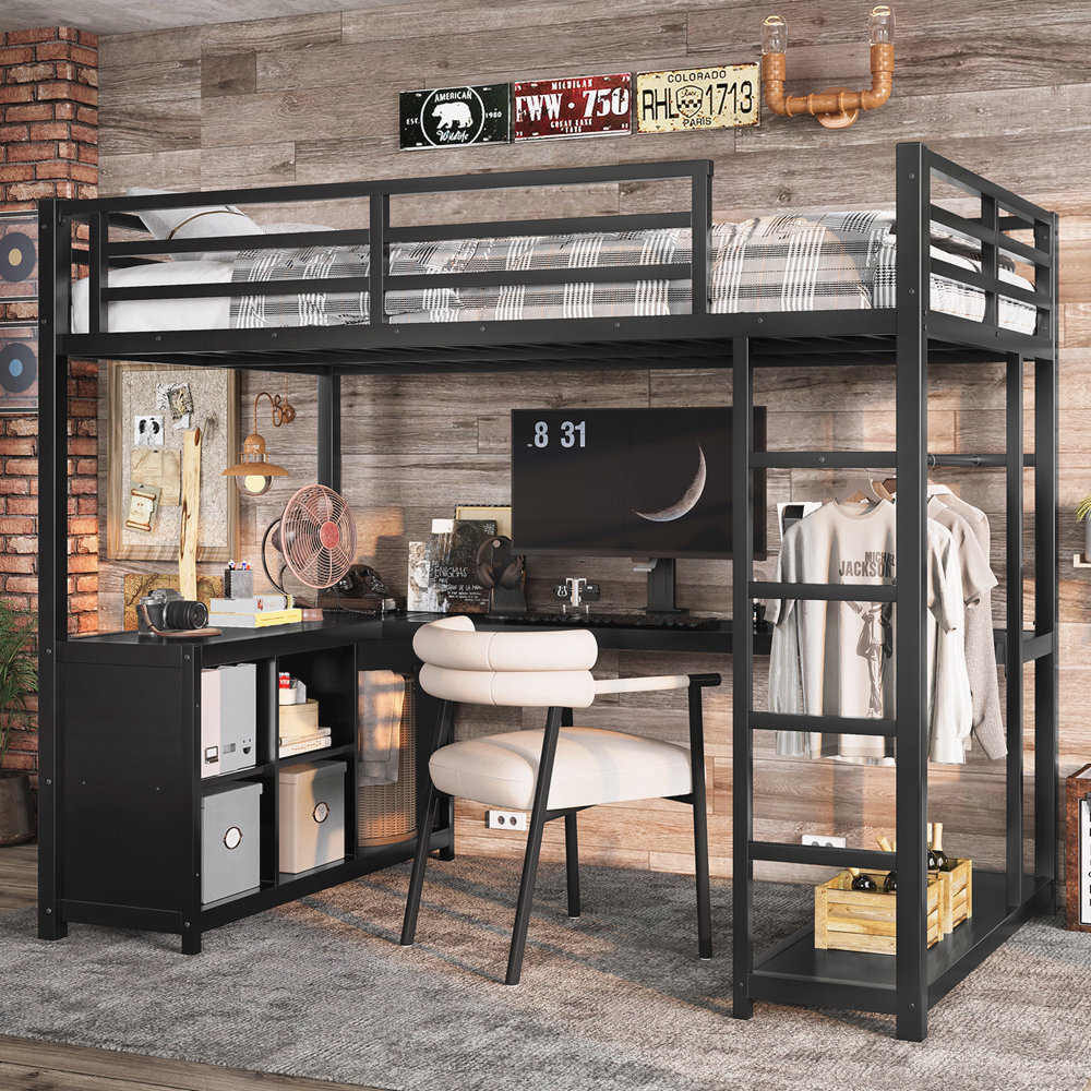 Latitude Run® Metal Loft Bed with Wardrobe and L-shaped Desk | Wayfair