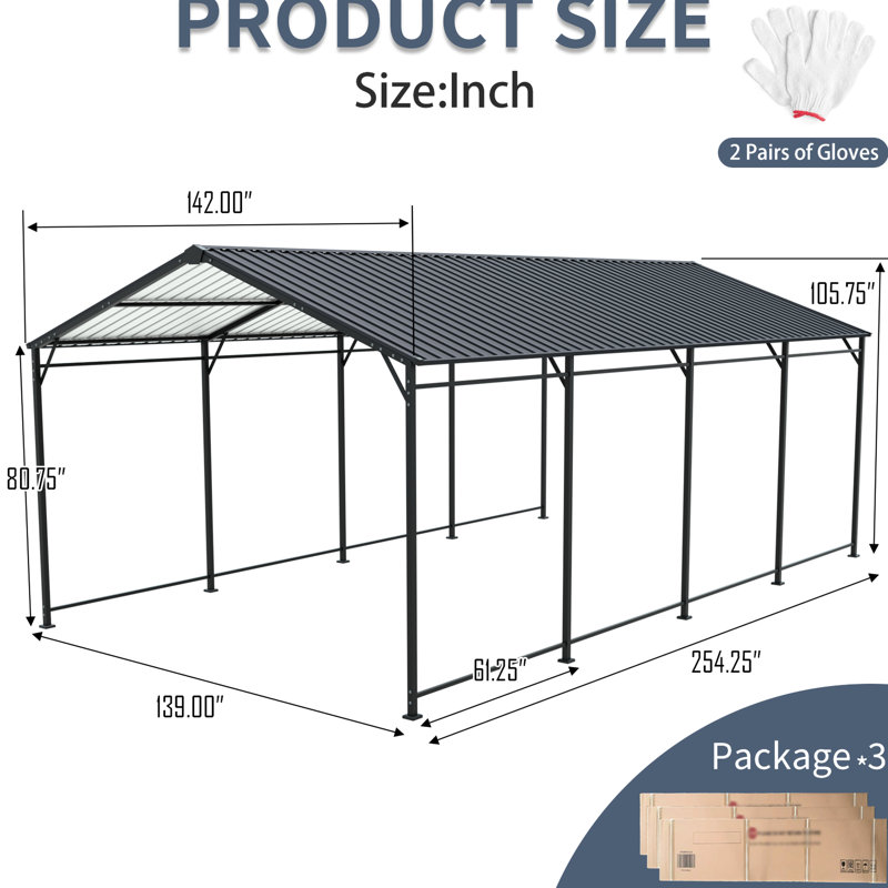 Abri d'auto robuste 12 * 21 pi avec cadre en métal, polyvalent pour le rangement de véhicules et montre de multiples applications de tubes thermolaqués, finition gris