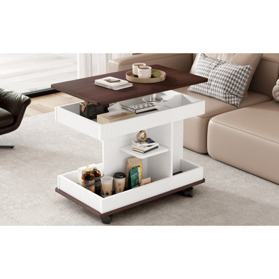 Table de bout moderne rotative réglable avec plateau relevable, rangement latéral polyvalent, coins arrondis, roulettes lisses pour une utilisation résidentielle et design supérieur, espace de rangement multifonctionnel, espace de vie verrouillable