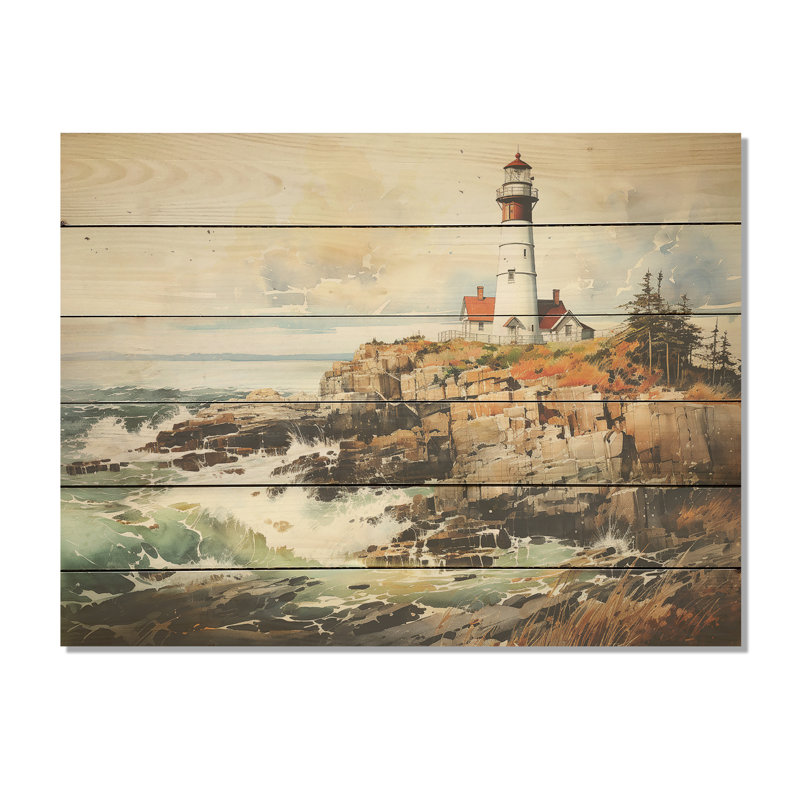 «Coastal Light House Minimal Landscape I», art mural en bois sur bois de pin naturel Coastal Light House, H 10 po x l 20 po
