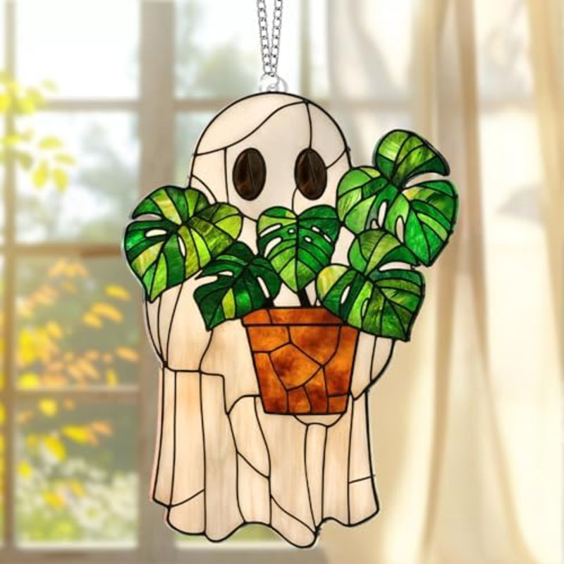 Figurine d'Halloween en acrylique, décorations d'Halloween mignonne attrape-soleil, cadeau fantôme mignon pour les amateurs de livres, décor d'automne gothique pour fenêtre, pour femme (plante fantôme)
