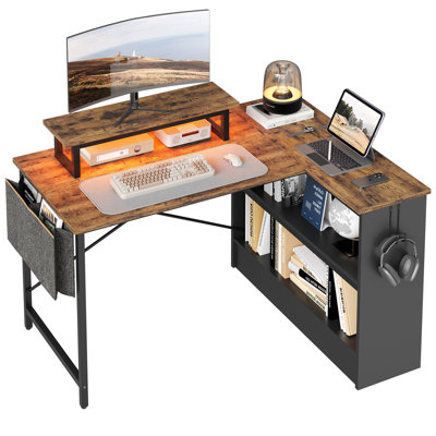 Monike 42'' W Modern Computer Desk with Reversible Storage Shelves,Small L Shaped Desk with LED Light and Monitor Stand