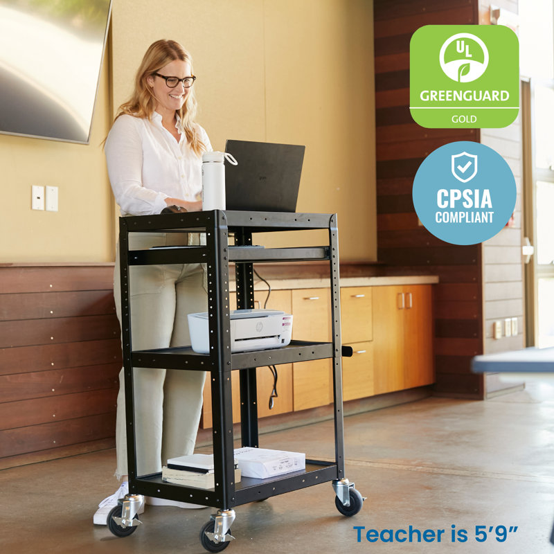 Black Alloy Steel Rolling AV Presentation Cart with Adjustable Shelves