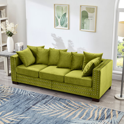 3 places, velours, design contemporain, décoration carrée, clous argentés, ressorts ensachés, housses de coussin amovibles, structure en bois massif, siège de rangement de style moderne avec accoudoirs et confortable