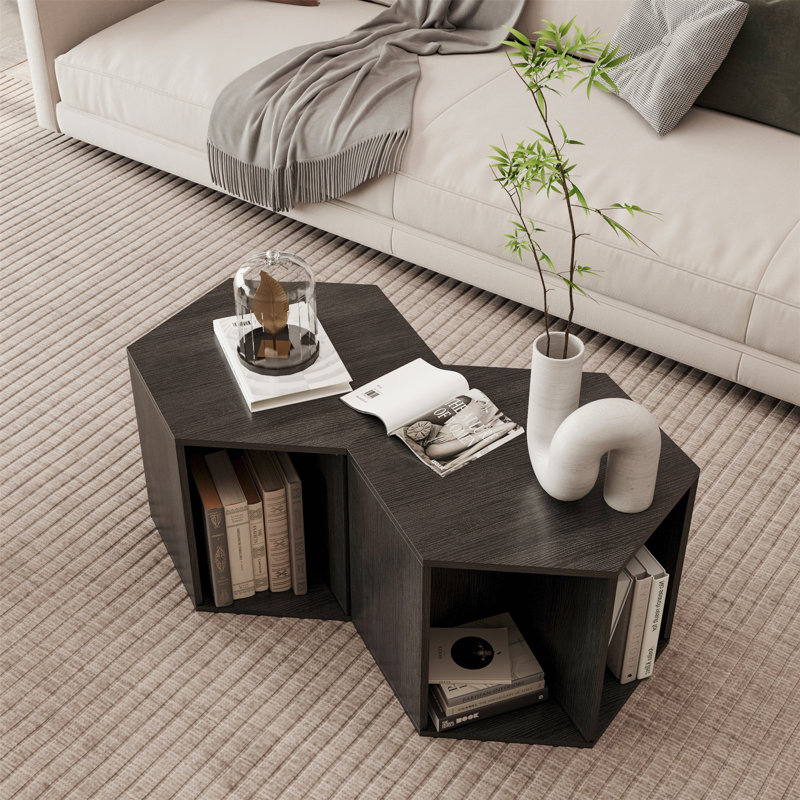 Versatile Hexagonal Coffee Table with Shelf and Multiple Layout Options, Black Brown