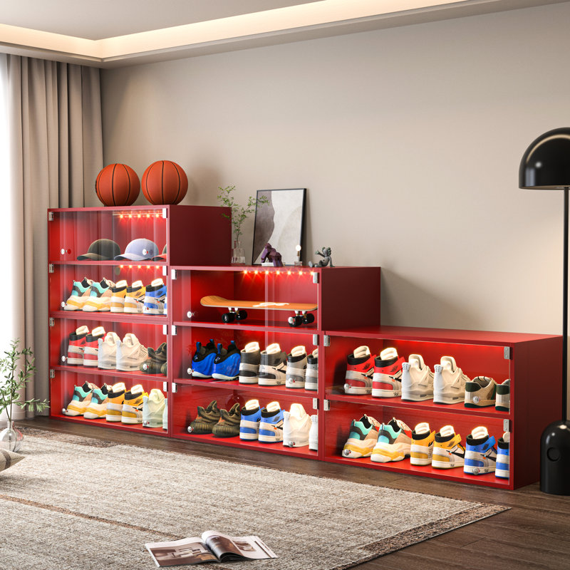 Shoe Box Cabinet With Red Led & Glass - Accommodates 9 Pairs, Protection, American Design, Wood 3-Layer Doors, Red