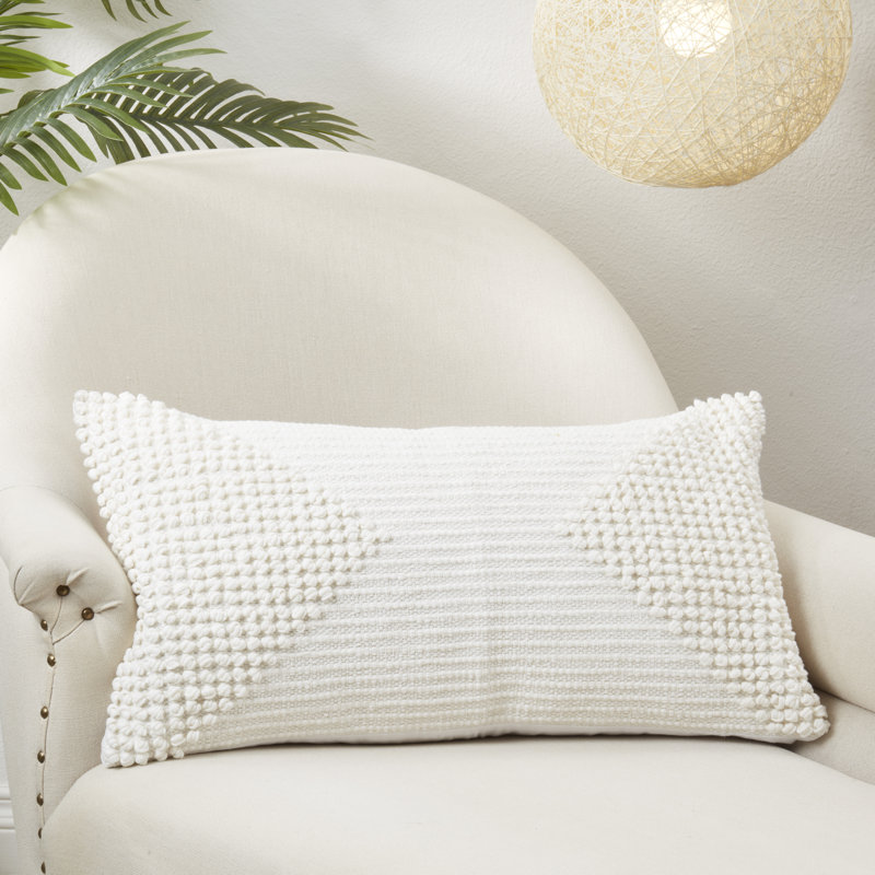Off-White Cotton Textured Woven Diamond Rectangular Throw Pillow